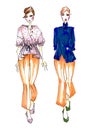 Two models of fashion sketches with breeches and blue office blouse Royalty Free Stock Photo