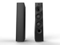Two modern black speakers - front and back view