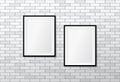Two modern frames on white brick wall. Vector mock up. Picture frames layout
