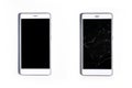 Two modern mobile touch smartphones. Whole and with a broken glass screen, isolated on a white background. Service