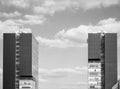 Two modern office building towers against the sky. Skyscrapers in Bucharest, Romania Royalty Free Stock Photo