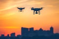 Two modern Remote Control Air Drones Fly with action cameras Royalty Free Stock Photo