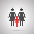 Two moms with child silhouette, simple black icon with shadow on gray
