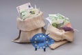 Two money bag with euro and glass piggy bank with Flag of European Union Royalty Free Stock Photo