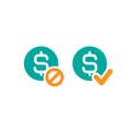 Two money icons. Blue circles with dollar signs and orange circle with tick and crossed circle. Flat icon. Royalty Free Stock Photo