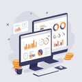 Two monitors display various data visualizations, including bar charts, pie charts, and Royalty Free Stock Photo