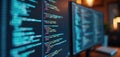 Two monitors displaying function source code close-up. Abstract tech background. Software source code, script, binary data on Royalty Free Stock Photo