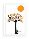 Two monkeys on autumn tree on sunset, vector. Two monkeys silhouettes on colorful tree. Poster design. Artwork