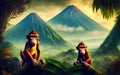 Two monkeys and fantasy landscape of tropical jungle forest. Generative Al Illustration Royalty Free Stock Photo