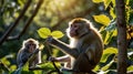Adorable Monkeys Eating Leaves in Sunlight Royalty Free Stock Photo