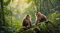 Two Curious Baby Monkeys Enjoying Jungle Life in Lush Green Bamboo Forest Canopy Royalty Free Stock Photo