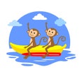 Two monkeys sitting on banana boat vector illustration Royalty Free Stock Photo