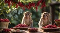 Two Adorable Monkeys Enjoying a Feast of Red Berries Underneath a Festive Garland Royalty Free Stock Photo