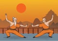 Two monks practicing kung fu or wushu, Shaolin monastery. Martial art. Vector illustration.