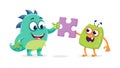 Two Monsters Solving Jigsaw Puzzle, Teamwork Cartoon, vector design Generative AI Royalty Free Stock Photo