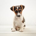 Two months old Jack Russell terrier puppy, on white boards and b