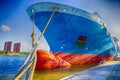 Two Mooring Ropes From Foredeck of Sea Tanker Moored at Pier Royalty Free Stock Photo