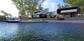 Two motor boats near the stone pier. Descent down the stairs to the river. Modern country villa near the water. 3d render