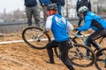 Two mountain bike racers on sand Royalty Free Stock Photo