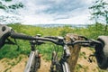 Two mountain bikes stands on trail Royalty Free Stock Photo