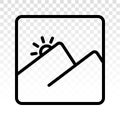 Two mountain peaks with sunrise - vector line art icon for apps and websites Royalty Free Stock Photo