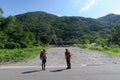 Two mountain trekkers at JR Doai station Royalty Free Stock Photo