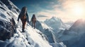 Two mountaineers on the snowy mountains in the evening walk in a Dangerous path, generative ai.