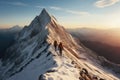 two mountaineers walking on the mountain in the background of the landscape of snowy mountains