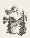 Two mountains spruce forest and lake vector sketch Royalty Free Stock Photo