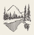 Two mountains spruce forest and lake vector sketch Royalty Free Stock Photo