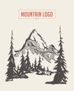 Two mountains spruce forest river vector sketch