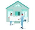 Two movers carrying refrigerator to house, vector illustration. Relocation. Moving company service. Electronic delivery.