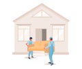 Two movers carrying sofa to new house, vector illustration. Relocation. Moving company service. Furniture delivery.