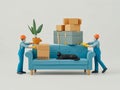 Movers Transporting Couch with Cat and Boxes Royalty Free Stock Photo