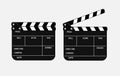 Two movie clappers open and close isolated on white background. 3d realistic movie clapperboard. Black cinema slate board view Royalty Free Stock Photo