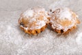 Two muffins sprinkled with powdered sugar. View from above. Copy space