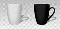 Two mug. Cup white and black isolated on transparent background. Mockup side view. Blank mug. 3d object with shadow. Cup front. Mo Royalty Free Stock Photo