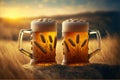 Two mugs of beer on the background of a field of wheat Royalty Free Stock Photo