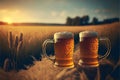 Two mugs of beer on the background of a field of wheat Royalty Free Stock Photo