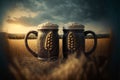 Two mugs of beer on the background of a field of wheat Royalty Free Stock Photo