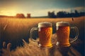 Two mugs of beer on the background of a field of wheat Royalty Free Stock Photo