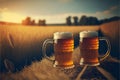 Two mugs of beer on the background of a field of wheat Royalty Free Stock Photo