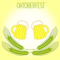 Two mugs of beer and barley ears, Oktoberfest Royalty Free Stock Photo