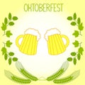 Two mugs of beer, barley stalks and branches of hops, the Oktoberfest Royalty Free Stock Photo