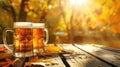 Two mugs of beer resting on a wooden table against a scenic autumn backdrop, Ai Generated Royalty Free Stock Photo