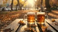 Two mugs of beer resting on a wooden table against a scenic autumn backdrop, Ai Generated Royalty Free Stock Photo