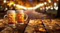 Two mugs of beer resting on a wooden table against a scenic autumn backdrop, Ai Generated Royalty Free Stock Photo