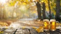 Two mugs of beer resting on a wooden table against a scenic autumn backdrop, Ai Generated Royalty Free Stock Photo