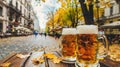 Two mugs of beer resting on a wooden table against a scenic autumn backdrop, Ai Generated Royalty Free Stock Photo