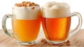 Two Mugs of Beer with Toasted Nuts on Wooden Table Royalty Free Stock Photo